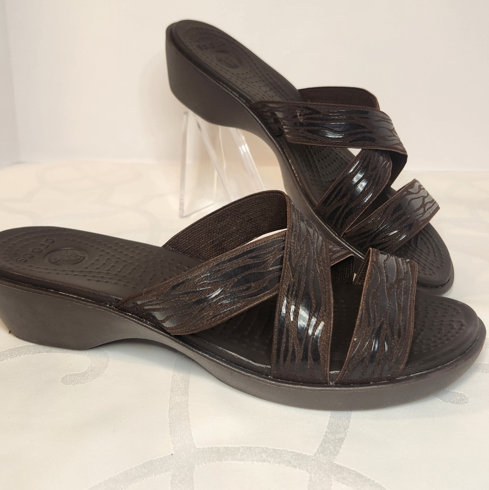 Crocs Women's Molalla Brown Lizard Strap Crossband Slide Sandals Size 10